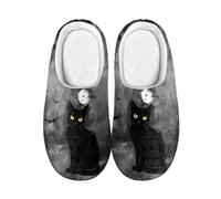 Kuiaobaty Black Cat Slippers Women Ladies Memory Foam, Moon Night Bat Cats Print Winter Comfort House Fleece Lining Lightweight Home Shoes