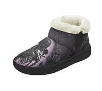 Kuiaobaty Black Skeleton Warm Ladies Fluffy Bootie Slippers Memory Foam Boots, Skeleton Roses Indoor Outdoor Slippers with Non-Slip Sole, Size 7