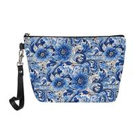 Kuiaobaty Blue Floral Women Cosmetic Bag Zipper Toiletry Bag, Russian Folk Art Floral Portable Coin Purse Leather Makeup Bag Travel