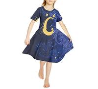 Kuiaobaty Blue Spiral Floral Little Girls' Sundresses A Line Yellow Moon Stars Everyday Dress Age 4-14 Years, Starry Sky Autumn Summer Casual Skirt Dress