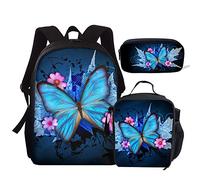 Kuiaobaty Butterflies Backpack Girls Middle School Rucksack Set Butterfly Bookbag Portable Lunch Bag Pencase for Children Kids
