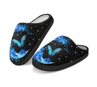 Kuiaobaty Butterfly Flower Fuzzy Slippers for Women Blue Morpho Print Warm Winter House Shoes, Crescent Moon Print Indoor/Outdoor Felt Sandal Slippers