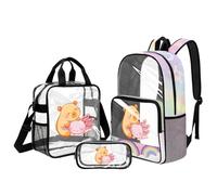Kuiaobaty Capybara Axolotl 3-in-1 Girls Clear Backpack Set - 17 inch Durable See Through Backpack with Smooth Zipper Transparent Knapsack for School Work Events