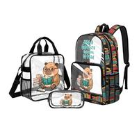 Kuiaobaty Capybara Bookworm Boys Transparent Backpack with Lunch Box Set of 3-17 Inch Large See Through Bookbags with Padded Straps Kids Knapsack for School Picnic Hiking