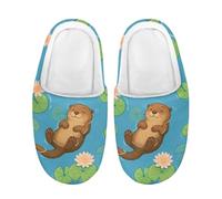 Kuiaobaty Cartoon Otter Toddler Slippers Winter Slip On House Shoes with Fuzzy Linning, River Otter Flower Slippers Non-Slip Out Sole for Outdoor