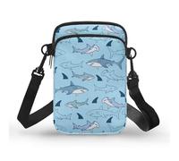 Kuiaobaty Cartoon Sharks Small Crossbody Bags for Women Kawaii Shark Print Shoulder Bag Wallet Purse, Blue Mini Cell Phone Purses with Adjustable Strap