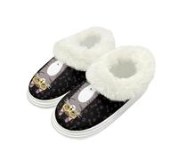 Kuiaobaty Cat Print Scuff Slippers for Women Cartoon Kitty Cat Winter Bedroom Slippers with Fluffy Collar, Black Slip-On House Shoes Indoor