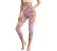 Kuiaobaty Cheetah Flowers Cropped Leggings for Women Animals Leopard Print High Waisted Yoga Pants with Pocket, Pink 3/4 Length Gym Leggings, 32"