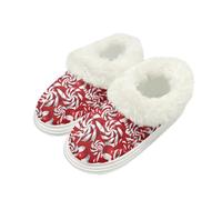 Kuiaobaty Christmas Candy Print Slippers Women, Christmas Red Fluffy House Shoes Winter Scuff Slippers Soft Slip On Warm Indoor/Outdoor Shoes