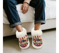 Kuiaobaty Christmas Chicken Women's Fluffy Slippers Fluffy Collar, Rooster Xmas Berry Print Slip-on Indoor House Shoes Memory Foam, Warm Fleece Lining