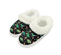 Kuiaobaty Christmas Dinosaur Slippers for Women Fluffy Collar Christmas Holiday Ladies Indoor House Slippers, Xmas Dino Print Slip On Home Shoes