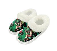 Kuiaobaty Christmas Dinosaur Women's Comfy Slippers Funny Xmas House Slippers with Fluffy Collar, Dino Print Soft Memory Foam House Shoes, Hard Sole