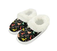 Kuiaobaty Christmas Dinosaur Womens Memory Foam Slippers with Fluffy Collar, Xmas Dino Print Ladies Fluffy Slippers Comfort Slip on Indoor House Shoes
