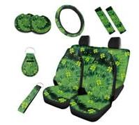 Kuiaobaty Clover Pattern Car Seat Covers Full Set of 10 Pcs, St. Patrick's Shamrock Universal Auto Interior Protector Accessory Steering Wheel Covers