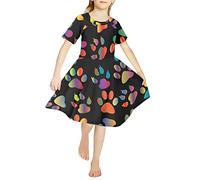 Kuiaobaty Colorful Dog Paw Little Girls Twirly Skater Dress for School Party, Rainbow Animal Paws Black Summer A-Line Casual Girls Dresses for Big Kids Toddlers