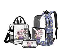 Kuiaobaty Cute Axolotl Girls Transparent Backpack with Lunch Box Set of 3-17 Inch Large See Through Bookbags with Padded Straps Kids Knapsack for Elementary School Picnic Hiking