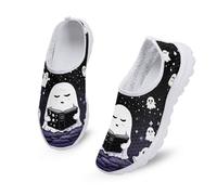 Kuiaobaty Cute Ghost Slip on Trainers Women Comfortable Walking Shoes, Halloween Ghosts Reading Mesh Breathable Lightweight Sneakers, Black