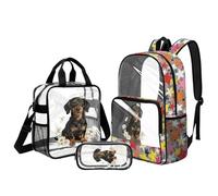 Kuiaobaty Dachshund Daisy Transparent Backpack with Lunch Box Set of 3 Girls Clear School Backpack 17 Inch Schoolbag with Side Pockets Kids Bookbag for Elementary School
