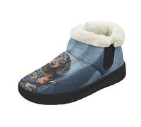 Kuiaobaty Dachshund Dog Womens Boot Slippers Fluffy Faux Fur Lined Bootie, Jeans Pocket Puppy Dachshund Warm Slippers Memory Foam Ankle Boots, Size 9.5