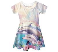 Kuiaobaty Dolphin Print Girls T Shirt Skater Dress for Party, Painting Sea Dolphins Summer A-Line Casual Dresses for Big Kids Toddlers