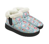 Kuiaobaty Doughnut Print Slippers Boots Women Pink Strawberry Cake Print Warm Faux Fur Lined Booties Slippers Winter Indoor Comfy Boots, Blue, Size 10.5