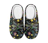 Kuiaobaty Dragonfly Floral Slippers Women Ladies Memory Foam Winter Slippers with Fleece Lining, Folk Floral Dragonflies Home Shoes