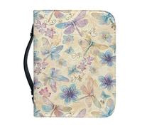 Kuiaobaty Dragonfly Flowers Bible Cover with Handle, PU Leather Book Bag, Colorful Dragonflies Floral Zipper Book Case for Women