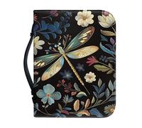 Kuiaobaty Dragonfly Flowers Book Cover Organizer Bag with Pen Pockets, Vegan PU Leather Book Case Handle, Fits Standard Size Bible,L
