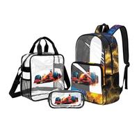 Kuiaobaty F1 Race Car Clear Backpack Set - 17 inch Transparent See Through Backpack with Padded Shoulder Straps Knapsack for School Outdoor Activities,3 Pieces