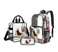 Kuiaobaty Fire Baseball Boys Clear Backpack Set - 17 inch Large Transparent Backpack with Side Pockets Heavy Duty PVC Knapsack for Middle School,3 Pieces