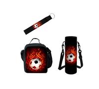 Kuiaobaty Fire Soccer Insulated Lunch Bag Set for Kids Boy 3D Football Children Water Bottel Holder Teen Keychain