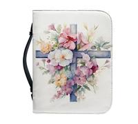 Kuiaobaty Flowers Cross Print Bible Cover with Handle, Painting Floral Bible Carrying Cases, Book Bag Fits Books Up to 12 x 9 x 2.41 Inches
