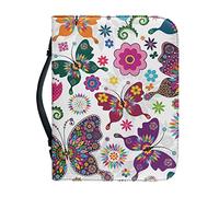 Kuiaobaty Folk Art Butterfly PU Leather Bible Cover Bag, Colorful Butterflies Floral Book Case Zipper for Study Bible Large Small