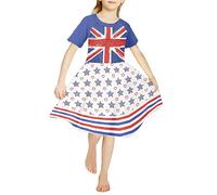 Kuiaobaty Girls English Flag Party Dress Blue Stars Hearts Kids Sundress Age 3-14 Years, Union Jack White Red Stripes Summer Princess T-Shirt Dresses A-Line