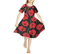 Kuiaobaty Girls Red Poppy Flower Swing A-Line Knee Length Casual Sundress, Retro Bright Floral Painting Black Round Neck Dresses Loose Party Dress up for Girls