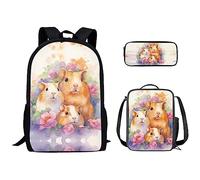 Kuiaobaty Girls School Backpack Set Cute Guinea Pigs Pencil Case Lunch Bag, Watercolor Guinea Pig Family Bookbag Kids Daypack, 3 in 1