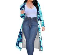 Kuiaobaty Hawaii Flowers Womens Long Sleeve Cardigan Open Front Hibiscus Knitted Long Fall Tops Teal Blue Flower House Coat S-2XL