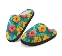 Kuiaobaty Hibiscus Flowers Slippers Women Ladies Memory Foam Tropical Floral Winter Comfort House Fleece Lining Lightweight Breathable Home Shoes