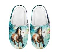 Kuiaobaty Horse Painting Kids Slippers Winter Cozy Slipper, Horse Butterfly Print Girls Winter Fuzzy Lined Slip On Shoes, Anti-Slip Sole