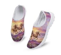 Kuiaobaty Horses Painting Slip on Shoes for Women Wide Fit Walking Shoes, Sunset Horse Print Breathable Mesh Sports Casual Sneakers