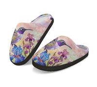 Kuiaobaty Hummingbird Warm Slippers for Women Memory Foam, Bird Flower Painting Soft Fuzzy Home House Shoes with Indoor Outdoor Rubber Sole