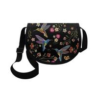 Kuiaobaty Hummingbirds Flowers Women Casual Crossbody Shoulder Bag Black Phone Bag, Birds Floral Half Moon Bag with Adjustable Strap