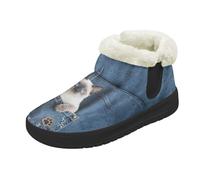 Kuiaobaty Jeans Pocket Cat Slipper Boots Women Slip On Warm Faux Fur Lined Snow Boots, Siamese Cat Print Warm Work Booties Shoes Lightweight, Size 4