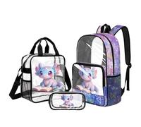 Kuiaobaty Kawaii Axolotl Clear Backpack Set - 17 inch Reduce Burden Transparent Bookbag with Side Pockets Knapsack for School Stadium Activities, 3 Pieces