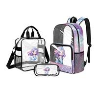 Kuiaobaty Kawaii Pastel Mermaid Transparent Backpack with Lunch Box Set of 3- See Through Bookbag with Padded Straps Knapsack for School Picnic Hiking