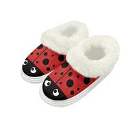 Kuiaobaty Ladybug Print Women's Slippers Winter Cartoon Ladybird Print Fluffy Collar Ladies Cozy Warm Slipper Memory Foam, Red House Shoes Indoor/Outdoor
