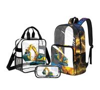 Kuiaobaty Lightning Excavator Boys Clear Backpack with Lunch Bag Set - 17 inch Transparent Bookbag with Side Pocket Knapsack for Kids School Daily Use, 3 Pieces