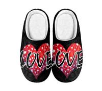 Kuiaobaty Love Heart Fuzzy Slippers for Women Black Warm Winter House Shoes, Red Heart Print Indoor/Outdoor Felt Sandal Slippers Memory Foam