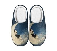 Kuiaobaty Moon Panda Print Women Slippers Slip On Warm House Shoes, Crescent Moons Panda Bear Felt Sandal Slippers Memory Foam Indoor Outdoor