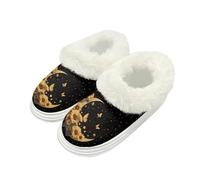 Kuiaobaty Moon Print Fluffy Slippers for Women Slip-on Indoor House Shoes with Fluffy Collar, Butterfly Sunflower Memory Foam Winter Slippers Warm Fleece